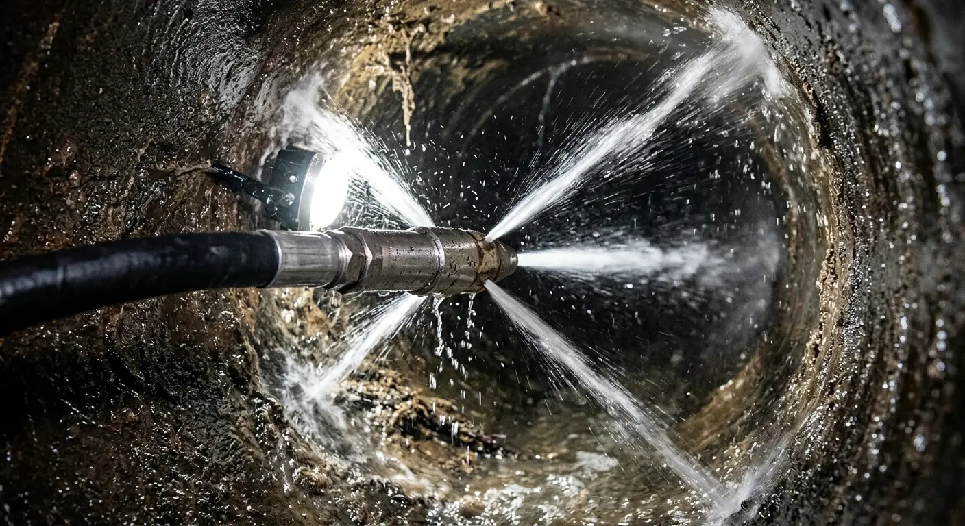 High-pressure hydro jetting nozzle cleaning sewer pipe for Trenchless Sewer Repair in Spokane