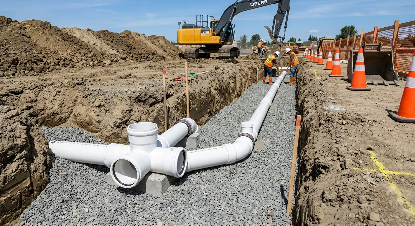New PVC sewer pipe installation in open trench for Sewer Backup in Spokane