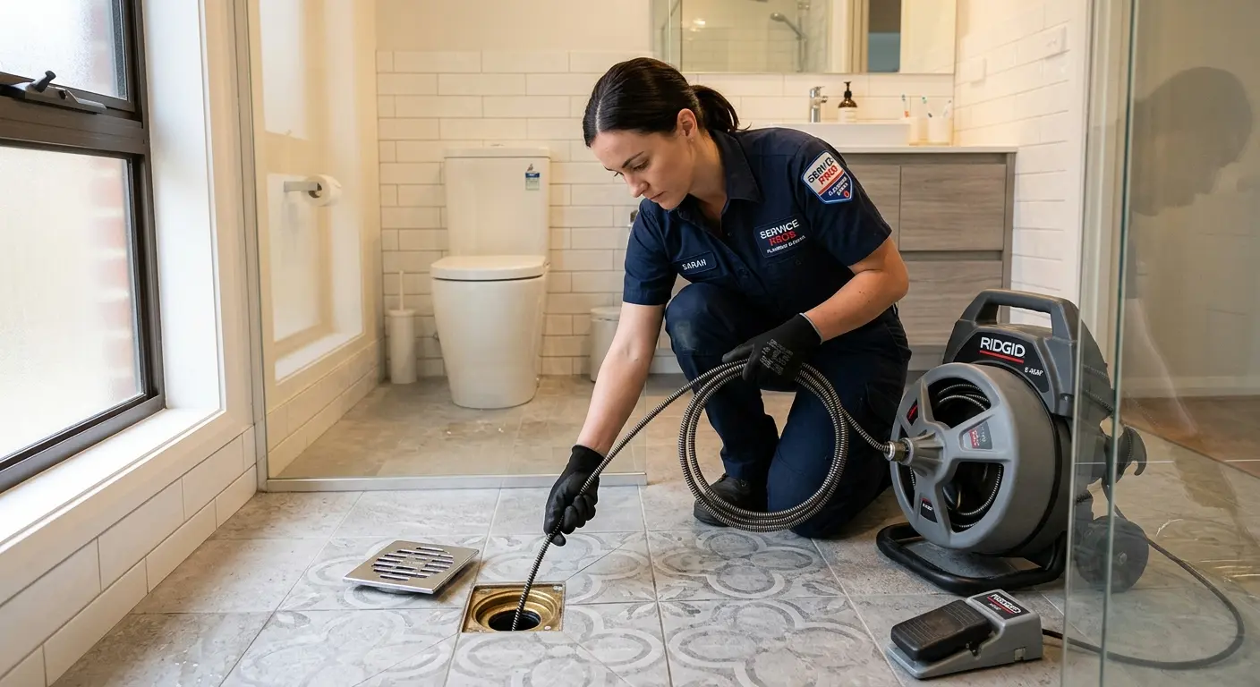 Technician clearing a bathroom floor drain for Drain Cleaning in Spokane